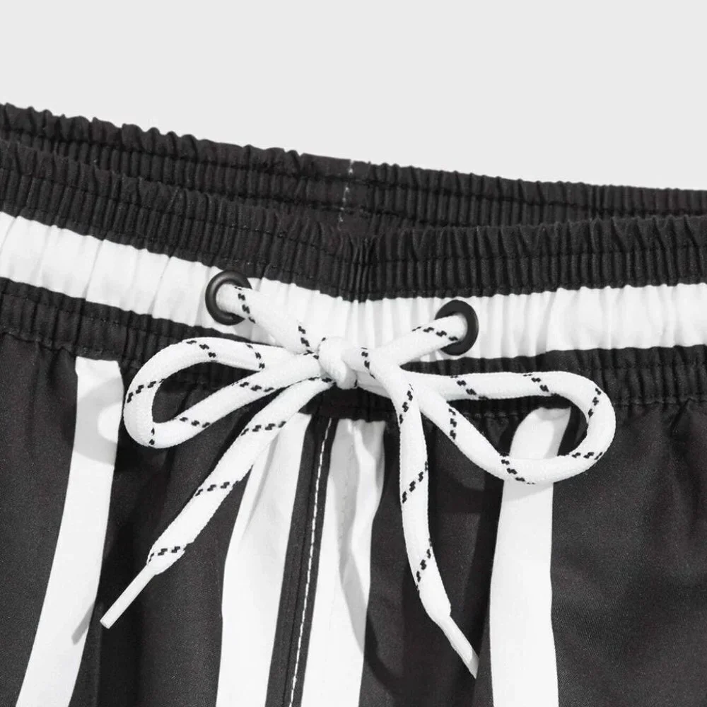 Black Vacation Style Striped Men's Swim Trunks